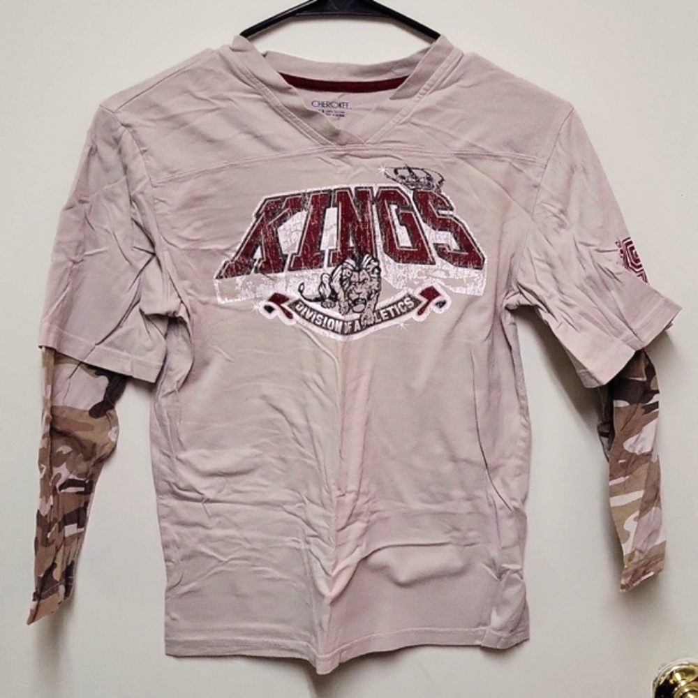 Cherokee Beige V-neck Long Sleeve Layered Looking Shirt with Camouflage Sleeves